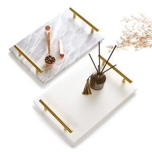 Moreast Genuine Marble Tray Bathroom Tray with Golden Handle, Natural Stone Decorative Tray with Metal Handle for Bathroom Kitchen Vanity Dresser Nightstand Desk, 11.8" x 7.9" White