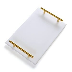 Moreast Genuine Marble Tray Bathroom Tray with Golden Handle, Natural Stone Decorative Tray with Metal Handle for Bathroom Kitchen Vanity Dresser Nightstand Desk, 11.8" x 7.9" White