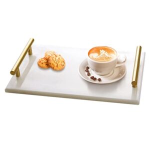 Moreast Genuine Marble Tray Bathroom Tray with Golden Handle, Natural Stone Decorative Tray with Metal Handle for Bathroom Kitchen Vanity Dresser Nightstand Desk, 11.8" x 7.9" White