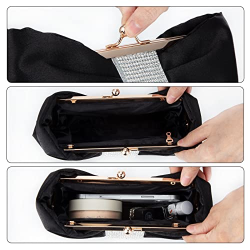 GripIt Bow Style Sparkling Purses and Handbags for Women Wedding and Party Black Satin Clutch Purses with Rhinestone Evening Bags for Ladies Bridal Formal