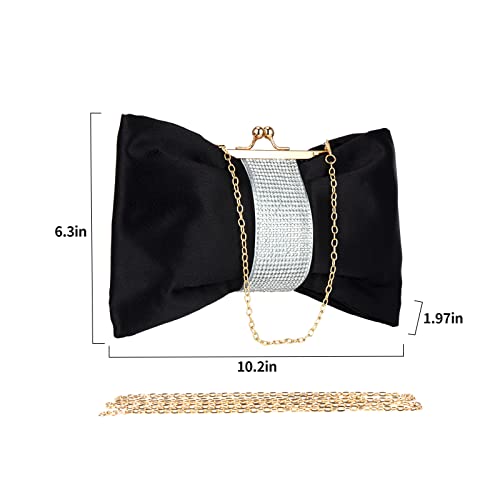 GripIt Bow Style Sparkling Purses and Handbags for Women Wedding and Party Black Satin Clutch Purses with Rhinestone Evening Bags for Ladies Bridal Formal