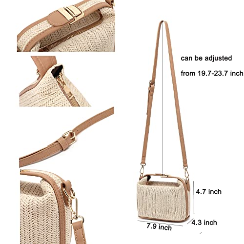 FAIME Straw Crossbody Bags for Women, Small Round Straw Beach Bag, Straw Shoulder Bag Summer Satchel Purse Straw Handbags (Beige)