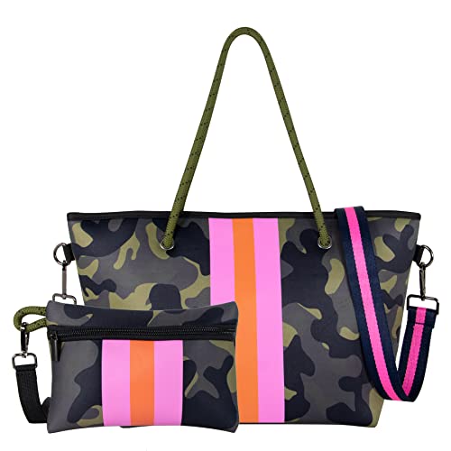 TANJUR Neoprene Medium Crossbody Bag Casual Shoulder Bag Lightweight Daily Hand Bag for Women with Zipper and A Small Purse（Green Camouflage Pink Stripe）