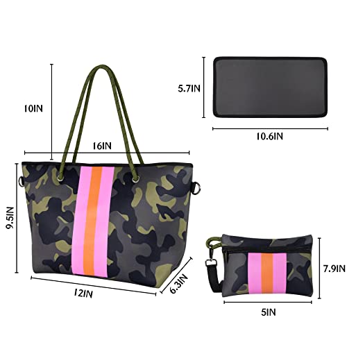 TANJUR Neoprene Medium Crossbody Bag Casual Shoulder Bag Lightweight Daily Hand Bag for Women with Zipper and A Small Purse（Green Camouflage Pink Stripe）