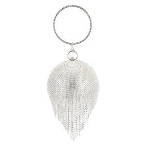 gripit women’s evening round ball tassels bag diamond clutch purse glitter party wedding handbag with chain,silver