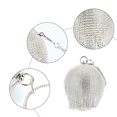 GripIt Women's Evening Round Ball Tassels Bag Diamond Clutch Purse Glitter Party Wedding Handbag with Chain,Silver