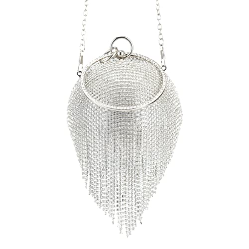 GripIt Women's Evening Round Ball Tassels Bag Diamond Clutch Purse Glitter Party Wedding Handbag with Chain,Silver