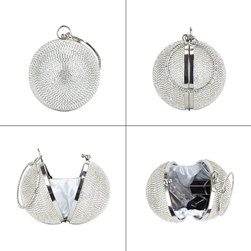 GripIt Women's Evening Round Ball Bag Diamond Clutch Purse Glitter Party Wedding Handbag with Chain,Silver