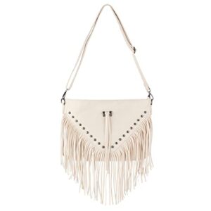 Hoce Women’s Leather Fringe Messenger Bag Hobo Crossbody Tassel Shoulder Bags, Beige