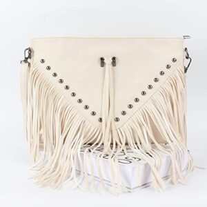 Hoce Women’s Leather Fringe Messenger Bag Hobo Crossbody Tassel Shoulder Bags, Beige