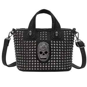 downupdown vintage handbags women rivet purse gothic skull satchel handbag leather tote bag top handle shoulder bag cool girl-black