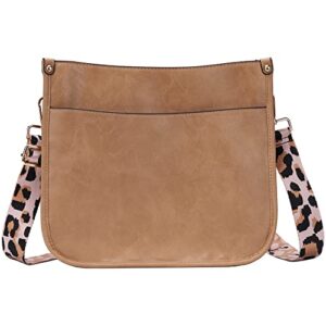 erihop crossbody purse, vegan leather cross body bag for women, top zipper closure handbag with interchangeable leopard strap, khaki