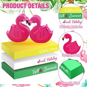 5 Pieces Summer Wooden Book Decor Flamingo Tiered Tray Decor Summer Tiered Tray Decor Farmhouse Hello Summer Sweet Holiday Stacked Book Decor Wood Table Centerpieces for Shelf Kitchen Party Decoration