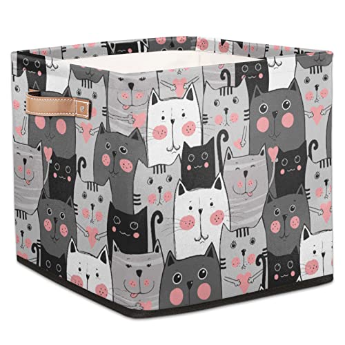 Cat Cube Storage Bins 13 x 13 x 13 inch, Cute Animals Fabric Organizer Bins Basket Boxes with PU Leather Handles Foldable Storage Cube for Clothes Bedroom Closet Shelves