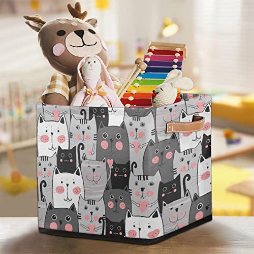 Cat Cube Storage Bins 13 x 13 x 13 inch, Cute Animals Fabric Organizer Bins Basket Boxes with PU Leather Handles Foldable Storage Cube for Clothes Bedroom Closet Shelves