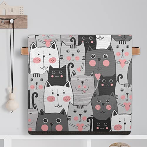 Cat Cube Storage Bins 13 x 13 x 13 inch, Cute Animals Fabric Organizer Bins Basket Boxes with PU Leather Handles Foldable Storage Cube for Clothes Bedroom Closet Shelves