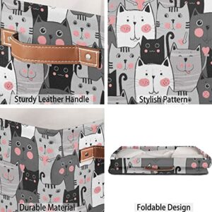 Cat Cube Storage Bins 13 x 13 x 13 inch, Cute Animals Fabric Organizer Bins Basket Boxes with PU Leather Handles Foldable Storage Cube for Clothes Bedroom Closet Shelves