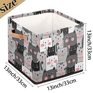 Cat Cube Storage Bins 13 x 13 x 13 inch, Cute Animals Fabric Organizer Bins Basket Boxes with PU Leather Handles Foldable Storage Cube for Clothes Bedroom Closet Shelves