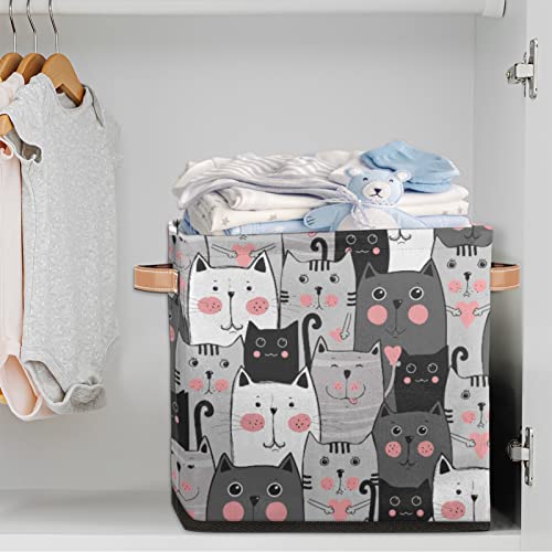 Cat Cube Storage Bins 13 x 13 x 13 inch, Cute Animals Fabric Organizer Bins Basket Boxes with PU Leather Handles Foldable Storage Cube for Clothes Bedroom Closet Shelves