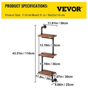 VEVOR Industrial Pipe Shelving, Pipe Shelves with 3-Tier Wood Planks, Rustic Floating Shelves Wall Mounted, Wall Shelf DIY Bookshelf for Bar Kitchen Bathroom Farmhouse Living Room, 9x12x43 inch