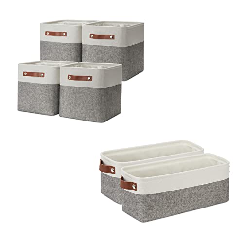 DULLEMELO Collapsible Bundle Baskets 4 Cube Baskets 11"x11"x11" + 2 Narrow Baskets 15"x6"x5.5"（White&Grey)