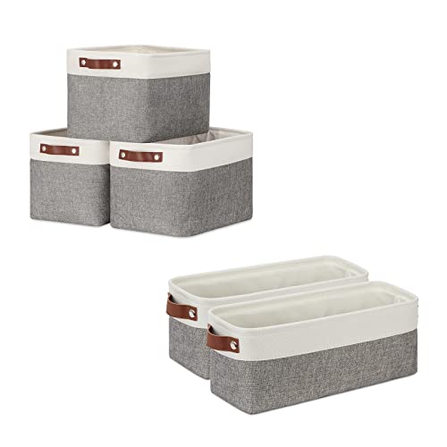 DULLEMELO Collapsible Bundle Baskets 3 Medium Baskets 15"x11"x9.5" + 2 Narrow Baskets 15"x6"x5.5"（White&Grey)