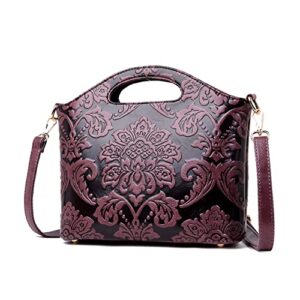 Women's Vintage Leather Handbags Embossed Floral Purses Top Handle Shoulder Tote Bags Classic Domed Zip Satchel Handbag (Purple)