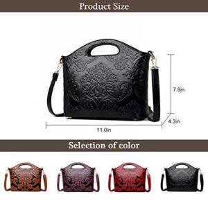 Women's Vintage Leather Handbags Embossed Floral Purses Top Handle Shoulder Tote Bags Classic Domed Zip Satchel Handbag (Purple)