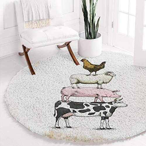 Farmhouse Area Rug Cow Pig Sheep and Chicken Farm Animals Round Rug Fluffy Floor Carpet Soft Rug Rusic Bakcground Non-Slip Throw Rug 4' Diameter for Living Room, Bedroom, Apartment, Sofa