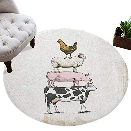 Farmhouse Area Rug Cow Pig Sheep and Chicken Farm Animals Round Rug Fluffy Floor Carpet Soft Rug Rusic Bakcground Non-Slip Throw Rug 4' Diameter for Living Room, Bedroom, Apartment, Sofa