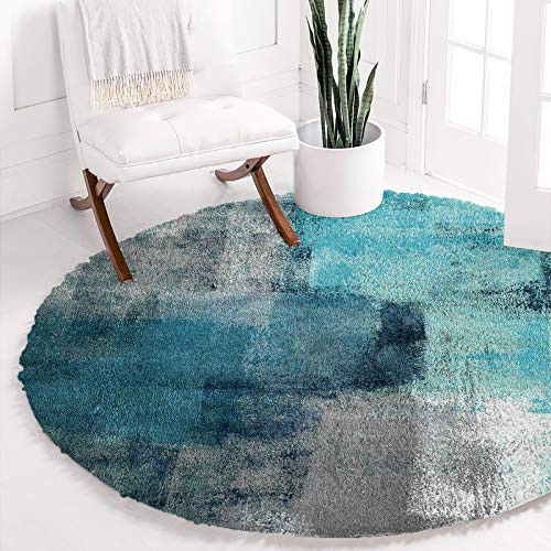 Graffiti Area Rug Turquoise and Grey Abstract Paint Round Rug Fluffy Floor Carpet Soft Rug Modern Art Non-Slip Throw Rug 3' Diameter for Living Room, Bedroom, Apartment, Sofa