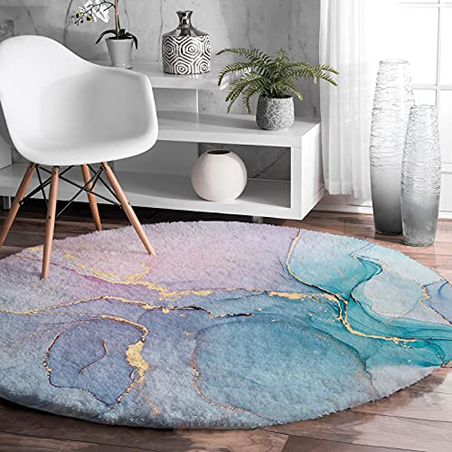 Marble Texture Area Rug Turquoise Pink Purple Watercolor and Golden Stripes Round Rug Fluffy Floor Carpet Soft Rug Ink Paint Non-Slip Throw Rug 5' Diameter for Living Room, Bedroom, Apartment, Sofa