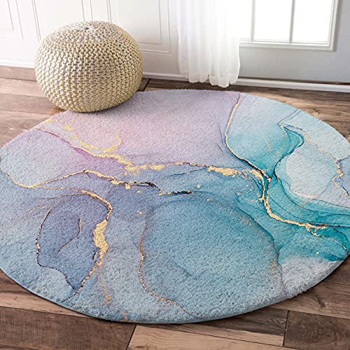 Marble Texture Area Rug Turquoise Pink Purple Watercolor and Golden Stripes Round Rug Fluffy Floor Carpet Soft Rug Ink Paint Non-Slip Throw Rug 5' Diameter for Living Room, Bedroom, Apartment, Sofa