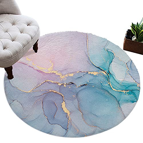 Marble Texture Area Rug Turquoise Pink Purple Watercolor and Golden Stripes Round Rug Fluffy Floor Carpet Soft Rug Ink Paint Non-Slip Throw Rug 5' Diameter for Living Room, Bedroom, Apartment, Sofa