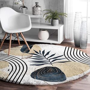 mid century area rug khaki brown geometric floral round rug fluffy floor carpet soft rug minimalist modern art non-slip throw rug 3′ diameter for living room, bedroom, apartment, sofa