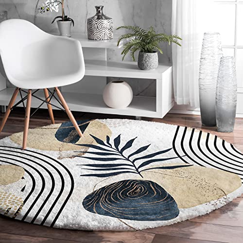 Mid Century Area Rug Khaki Brown Geometric Floral Round Rug Fluffy Floor Carpet Soft Rug Minimalist Modern Art Non-Slip Throw Rug 3' Diameter for Living Room, Bedroom, Apartment, Sofa