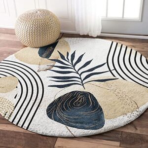 Mid Century Area Rug Khaki Brown Geometric Floral Round Rug Fluffy Floor Carpet Soft Rug Minimalist Modern Art Non-Slip Throw Rug 3' Diameter for Living Room, Bedroom, Apartment, Sofa