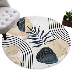 Mid Century Area Rug Khaki Brown Geometric Floral Round Rug Fluffy Floor Carpet Soft Rug Minimalist Modern Art Non-Slip Throw Rug 3' Diameter for Living Room, Bedroom, Apartment, Sofa