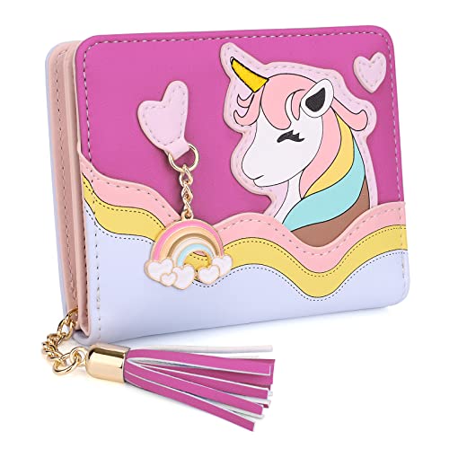 UTO Wallet for Girls Cute Unicorn Leather Vegan Small Women Tassel Rainbow Pendant Card Holder Kawaii Coin Purse