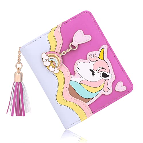 UTO Wallet for Girls Cute Unicorn Leather Vegan Small Women Tassel Rainbow Pendant Card Holder Kawaii Coin Purse