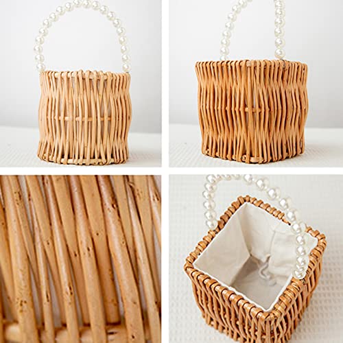 DEDEMCO Woven Rattan Storage Basket with Pearl Handles,Wedding Flower Girl Baskets,Straw Beach Bags Purse Wicker Tote Drawstring Closure,Square,5.3x5.5 In, 5.3x5.5 inch