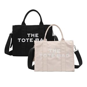 canvas tote handbag shoulder bag, letter printing solid crossbody bag, large capacity tote bag for men women (2pcs black & beige)