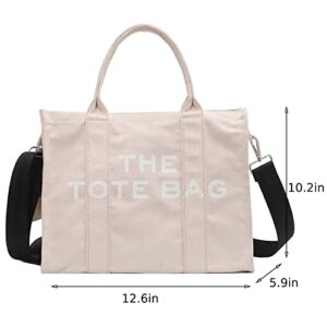 Canvas Tote Handbag Shoulder Bag, Letter Printing Solid Crossbody Bag, Large Capacity Tote Bag for Men Women (2pcs Black & Beige)