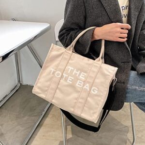 Canvas Tote Handbag Shoulder Bag, Letter Printing Solid Crossbody Bag, Large Capacity Tote Bag for Men Women (2pcs Black & Beige)