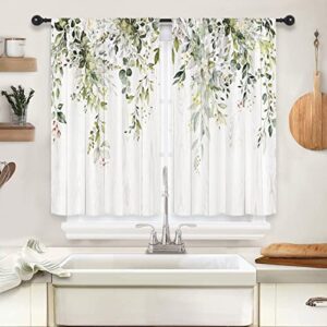 riyidecor green eucalyptus leaves kitchen curtains 27.5 x 39 inch flower watercolor floral spring botanical rod pocket plant farm pattern cafe curtains herb living room window drapes treatment fabric