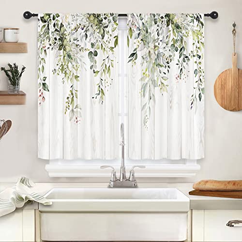 Riyidecor Green Eucalyptus Leaves Kitchen Curtains 27.5 x 39 Inch Flower Watercolor Floral Spring Botanical Rod Pocket Plant Farm Pattern Cafe Curtains Herb Living Room Window Drapes Treatment Fabric