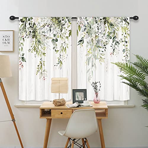 Riyidecor Green Eucalyptus Leaves Kitchen Curtains 27.5 x 39 Inch Flower Watercolor Floral Spring Botanical Rod Pocket Plant Farm Pattern Cafe Curtains Herb Living Room Window Drapes Treatment Fabric