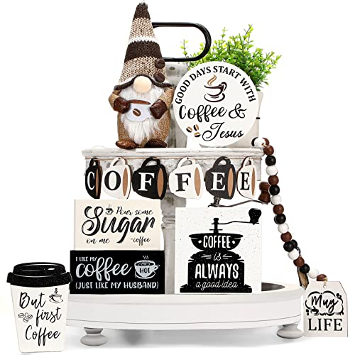 13 Pieces Coffee Bar Tiered Tray Decor Signs Set Coffee Plush Gnome Coffee Bar Wooden Signs Coffee Flag Wooden Bead Garland Decoration for Coffee Bar Coffee Station Shelf Mantel