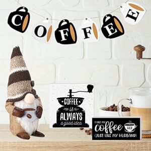 13 Pieces Coffee Bar Tiered Tray Decor Signs Set Coffee Plush Gnome Coffee Bar Wooden Signs Coffee Flag Wooden Bead Garland Decoration for Coffee Bar Coffee Station Shelf Mantel