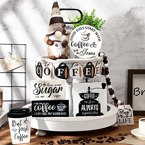 13 Pieces Coffee Bar Tiered Tray Decor Signs Set Coffee Plush Gnome Coffee Bar Wooden Signs Coffee Flag Wooden Bead Garland Decoration for Coffee Bar Coffee Station Shelf Mantel